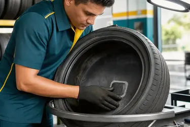 Profissional consertando pneus em uma borracharia.