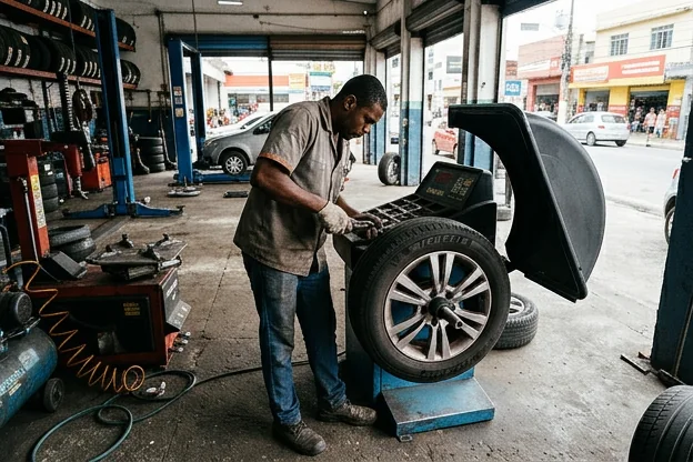 Profissional fazendo balanceamento de pneus em uma borracharia.