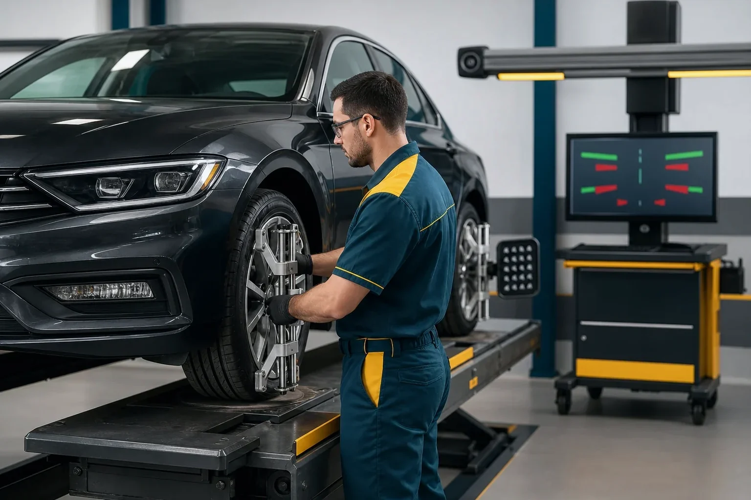 Profissional realizando alinhamento de rodas de um carro.