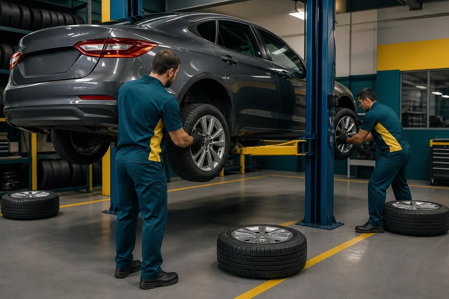 Profissional realizando rodízio de pneus em um carro.
