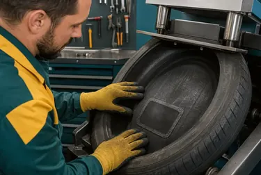 Profissional realizando vulcanização de pneus.