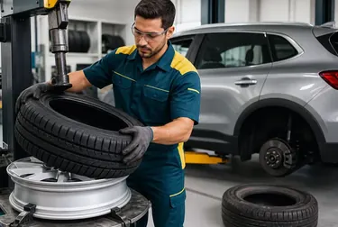 Profissional trocando pneus de um carro em uma borracharia.